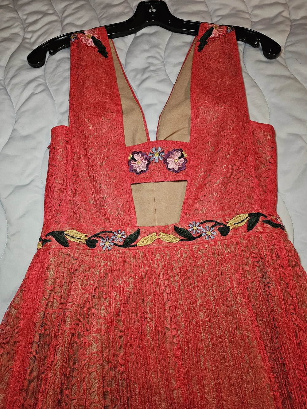 French Connection Red Embroidered V-Neck Mini Dress